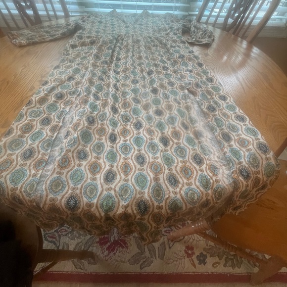 Rue de Femme Caftan Long Maxi Dress Double Front Slit Sand L V-Neck Pockets - Picture 15 of 16